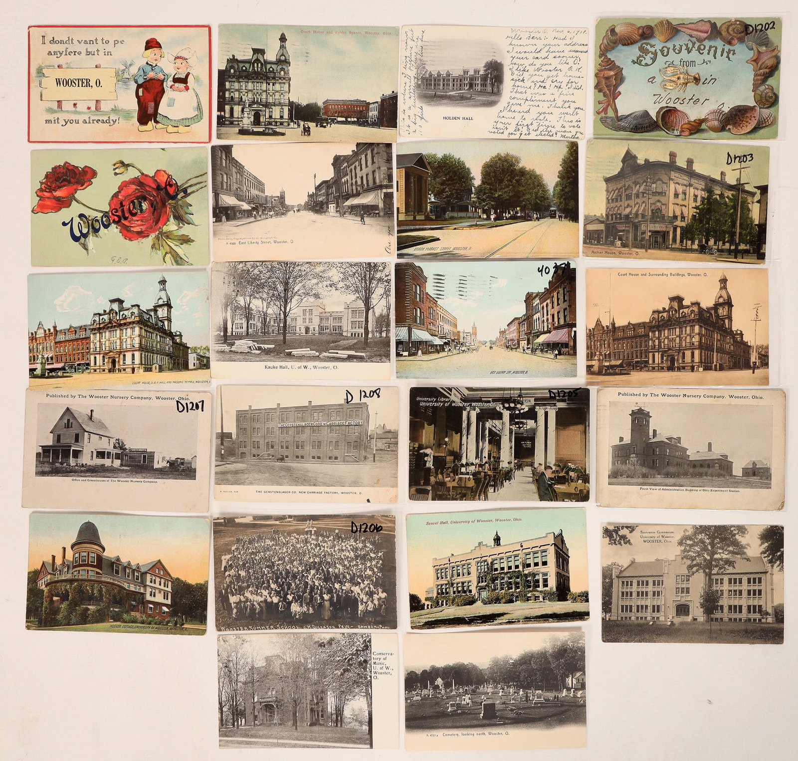 Wayne Co.; Wooster; Buildings 21Postcards [187671]: About 21 Wooster postcards. 1 RPC-Summer School portrait. Also, Archer House, court house, Wooster Nursery, East Liberty Street, Univ. of Wooster, Holden Hall, Hoover Cottage etc.[ Wayne County Ohio