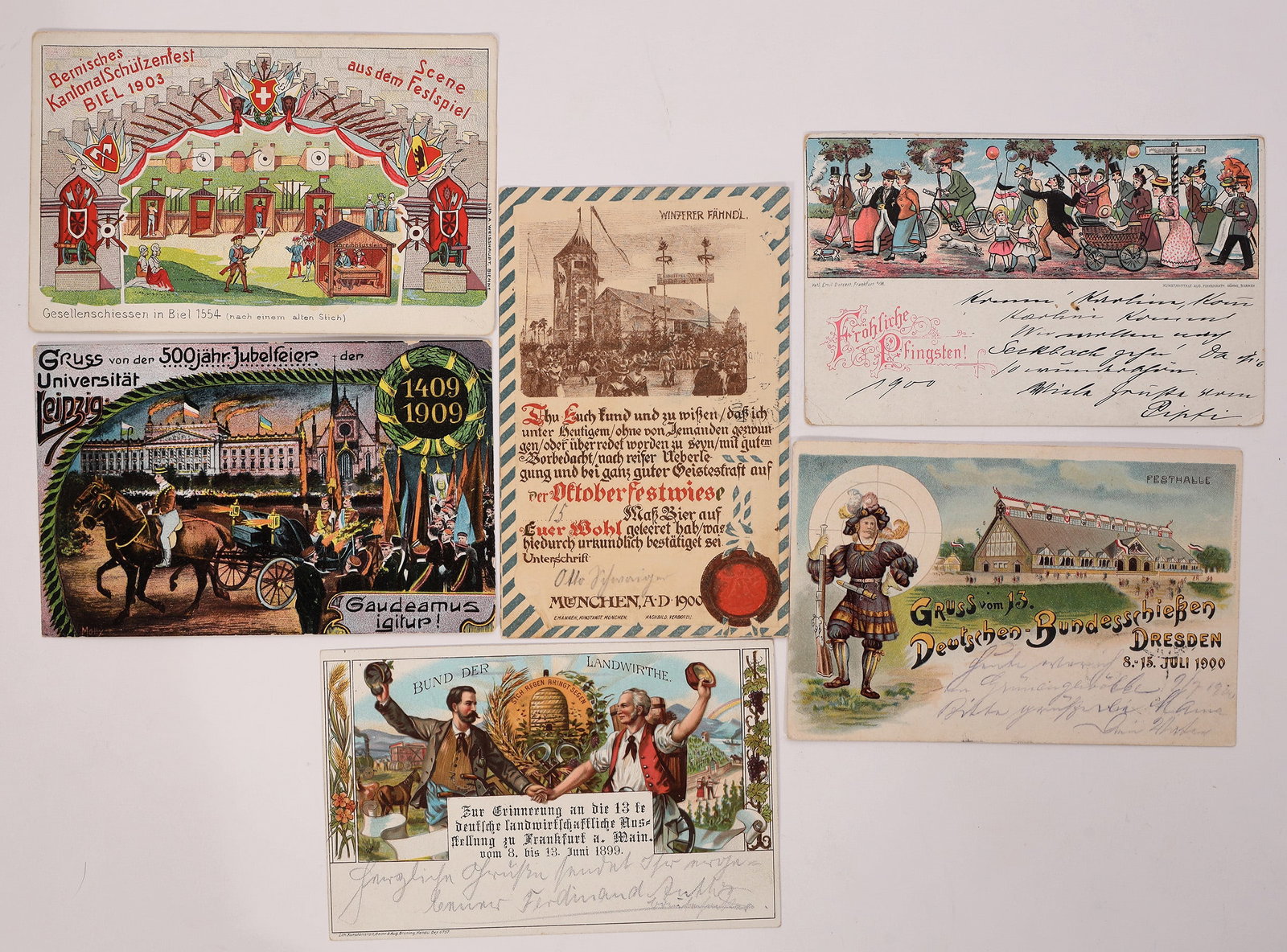 Postcards - German Festivals 1899-1900 (6) [186694]: A collection of 6 postcards with illustrations of German Festivals, c1899-1900. Colorful chromolithos. Four with postmarks, 2 unused. One embossed with red seal. Please see photo(s) for more details.[