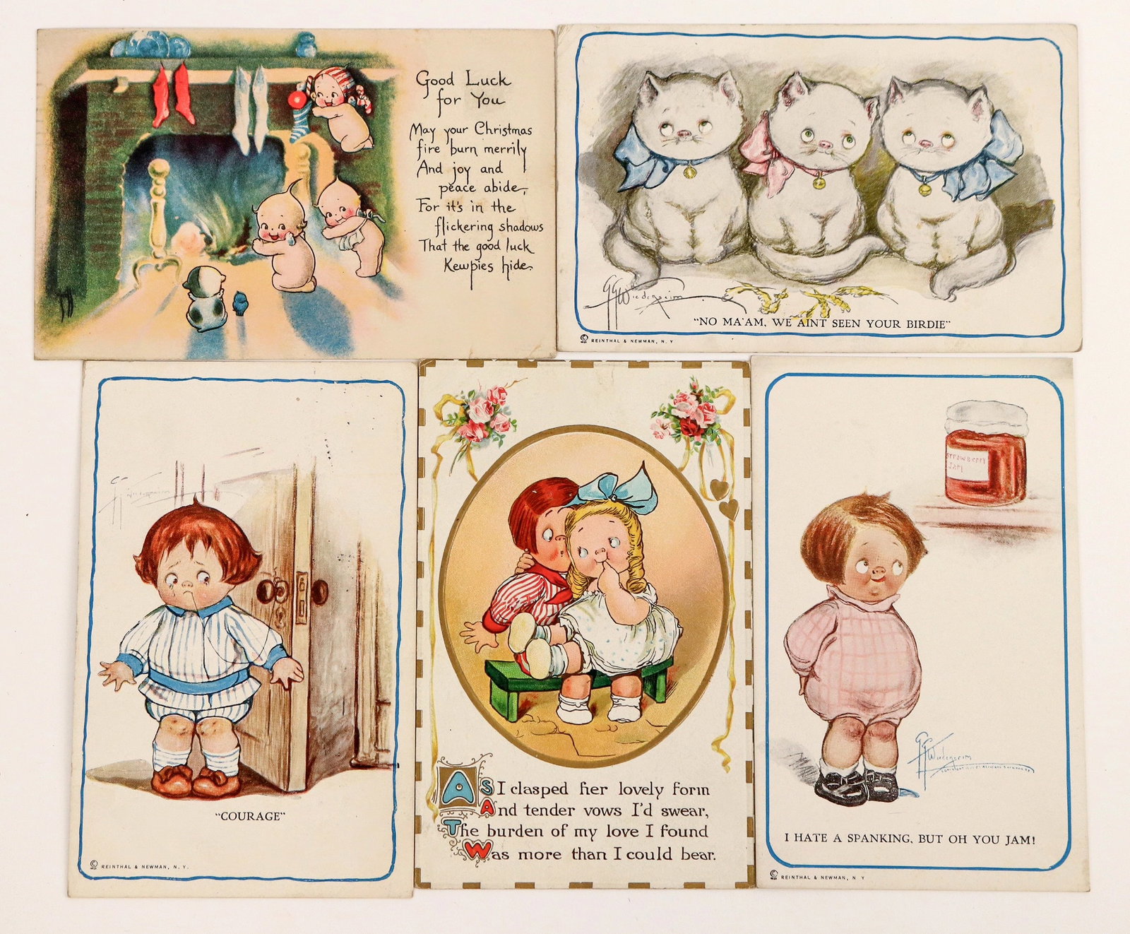 Postcards - Kewpie, Wiederseim, c1912-24 (5) [188707]: Collection of 5 postcards of Kewpies, c1912-24. 3 signed G.G. Wiederseim, 1 Rose O'Neill, 1 unsigned. 4 with Ohio postmarks (New Philadelphia, Sabina, Cleveland, Akron), 1 unused. [