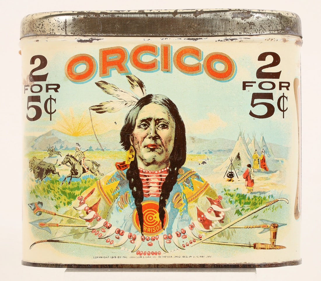 Orcico Cigar Tin [189456]: Orcico 2 for 5c cigar tin with Native American image. 5.5x5.25x4". Overall nice condition. [