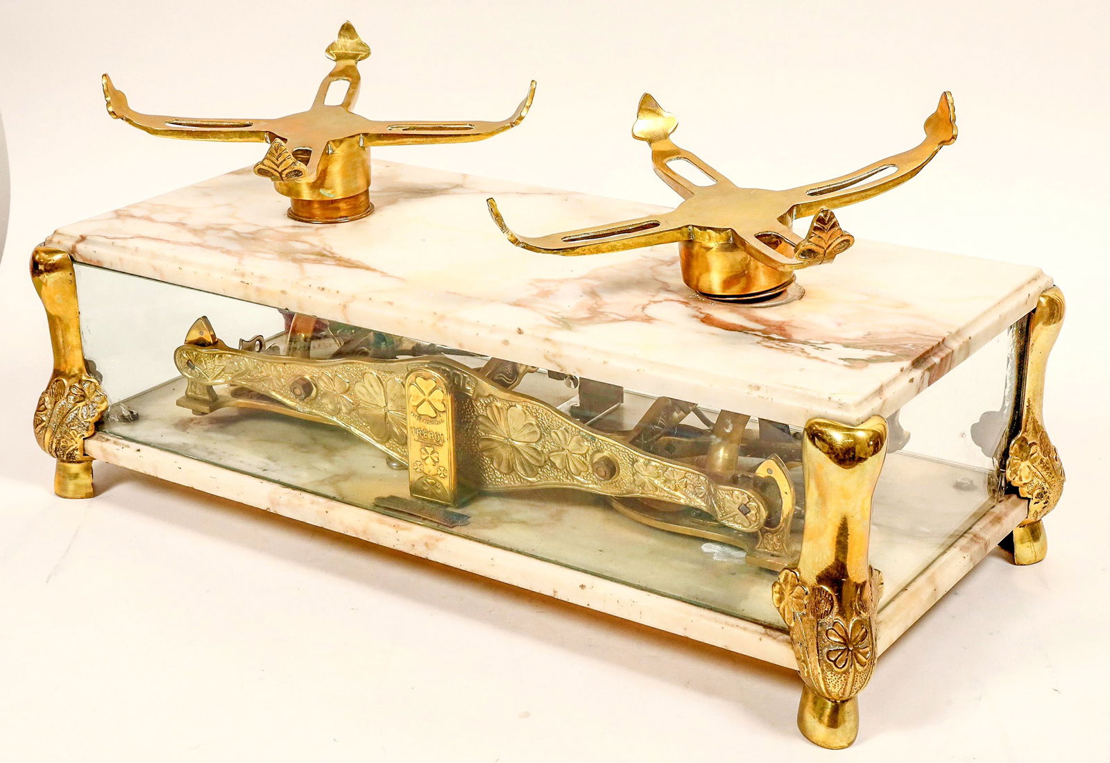Fancy Trebol Marble Top & Bottom Balance Scale. [190849]: 28 inches long 13 inches wide 12 inches tall. This company made scales for more than 50 years, all relatively fancy with a lot of brass work and marble. This particular scale shows great wear on the i