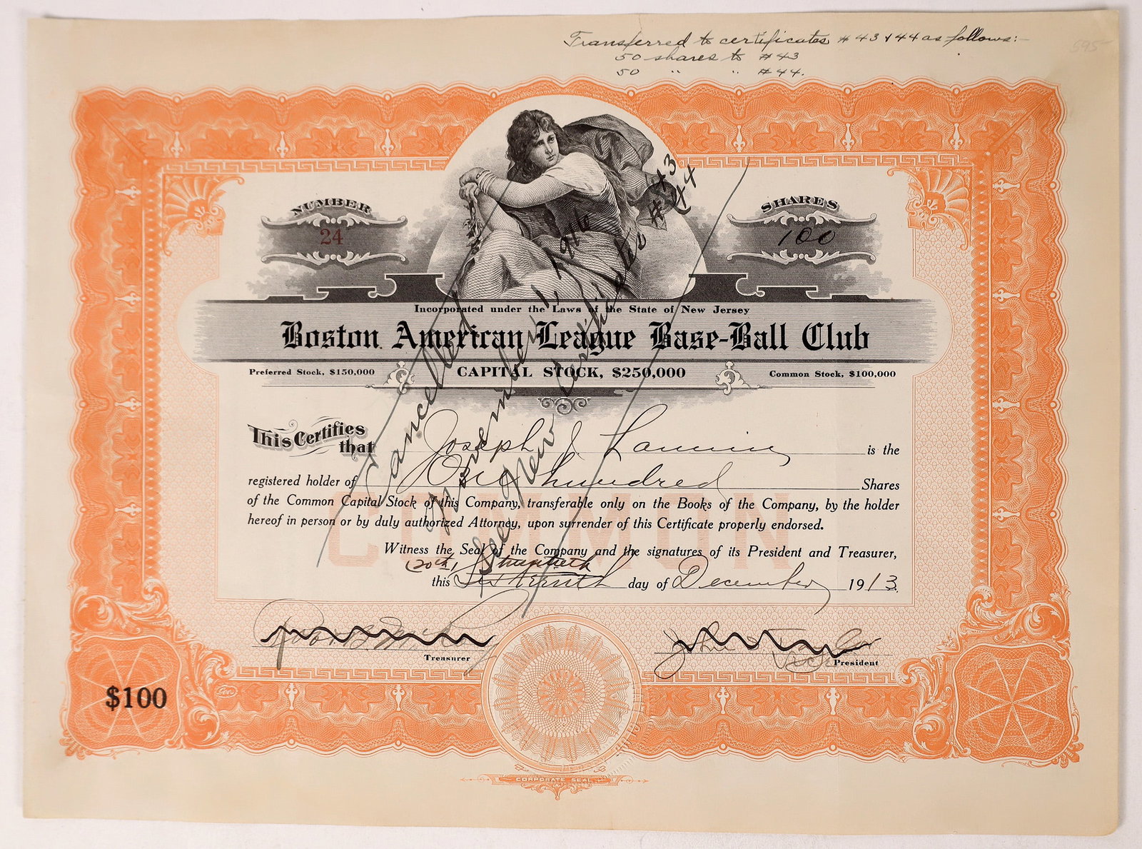 Red Sox Stock 1913 Owner Taylor / Pres. Lannin [176376]: Boston Red Sox stock certificate #24 for 100 shares at $100 per share. What is unique about this piece is that it is signed by club president and majority owner John I. Taylor and issued to the future