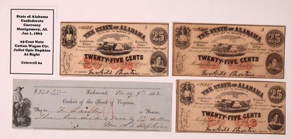 Juliet Hopkins Autograph Check Notes (4) 1862-63 [184684]
