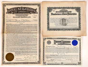 Fraternal Organizations Membership Certificates (3) [175036]