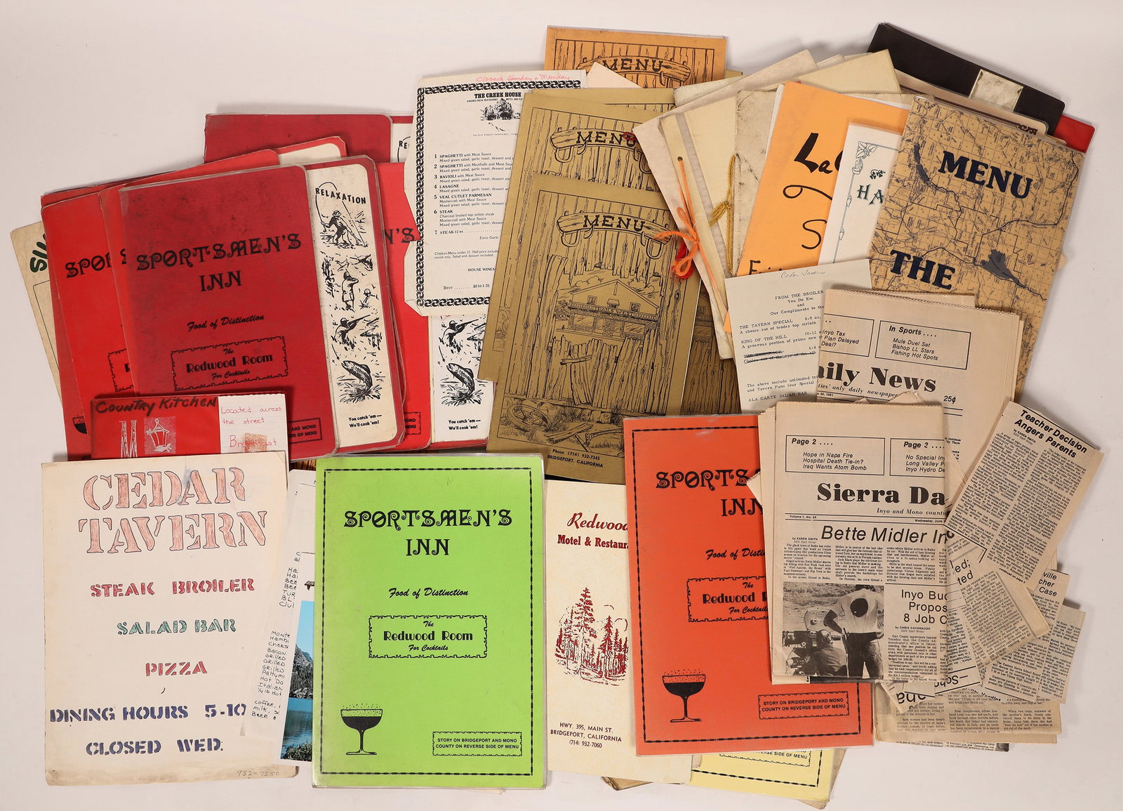 Bridgeport Ca. Ephemera [181760]: Bridgeport ephemera collection from the 1950s to the mid 1980s. Everything from shopping publications to restaurant menus and a copy of the Sierra News, with the lead story featuring the arrival and f