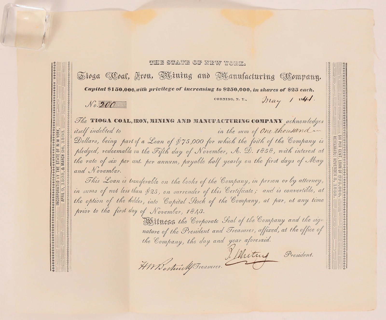 Tioga Coal, Iron, M & M Stock, 1841 [180639] (1 of 1)