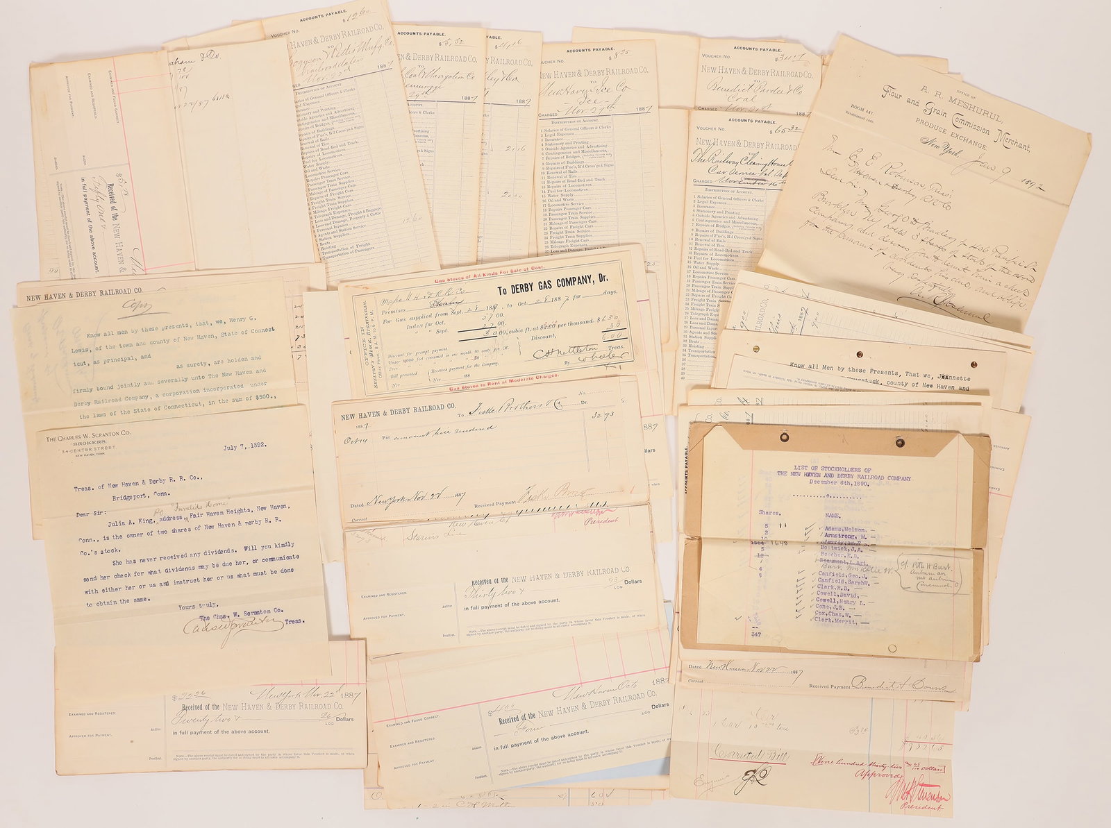 New Haven & Derby RR Papers c1887-92 (about 40) [180593]: About 40 pieces of New Haven & Derby Railroad history, c1887-92. The lot includes; waybills, invoices, accounts payable, stockholder list, letters, etc. _x005F New Haven and Derby Railroad was a railr