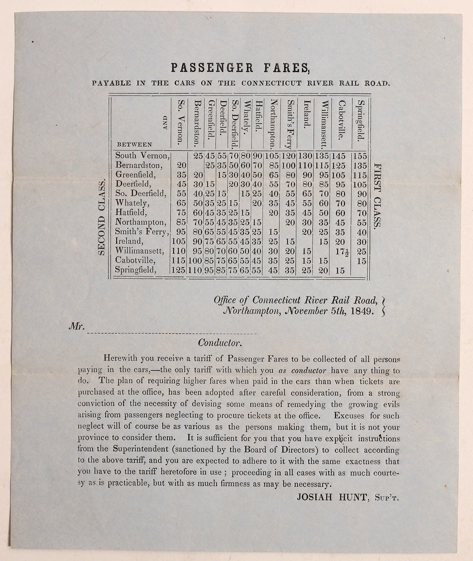 Connecticut River RR 1849 Passenger Fare List [185362]: Passenger fares for the Connecticut River Rail Road. It's pointed out in the brochure that the fares are to be paid in the coaches. The route runs from South Vernon to Springfield. The highest first c