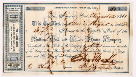 Bullion Gold & Silver Mining Company Stock Certificate, Mazourka Canyon, Inyo County, 1861 [166870]