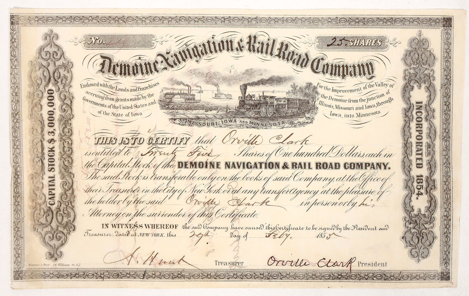 Demoine Navigation & Rail Road, 1855 [191646]: Incorp May 19, 1854 Iowa. #219, 25 shares @ $100 par. Issued to Orville Clark 2/29/1855-Leap Day! Signed Orville Clark Pres. BLACK, no seal. Vignette 4-4-0 w/ cars r-l passing paddle wheelers . Warner
