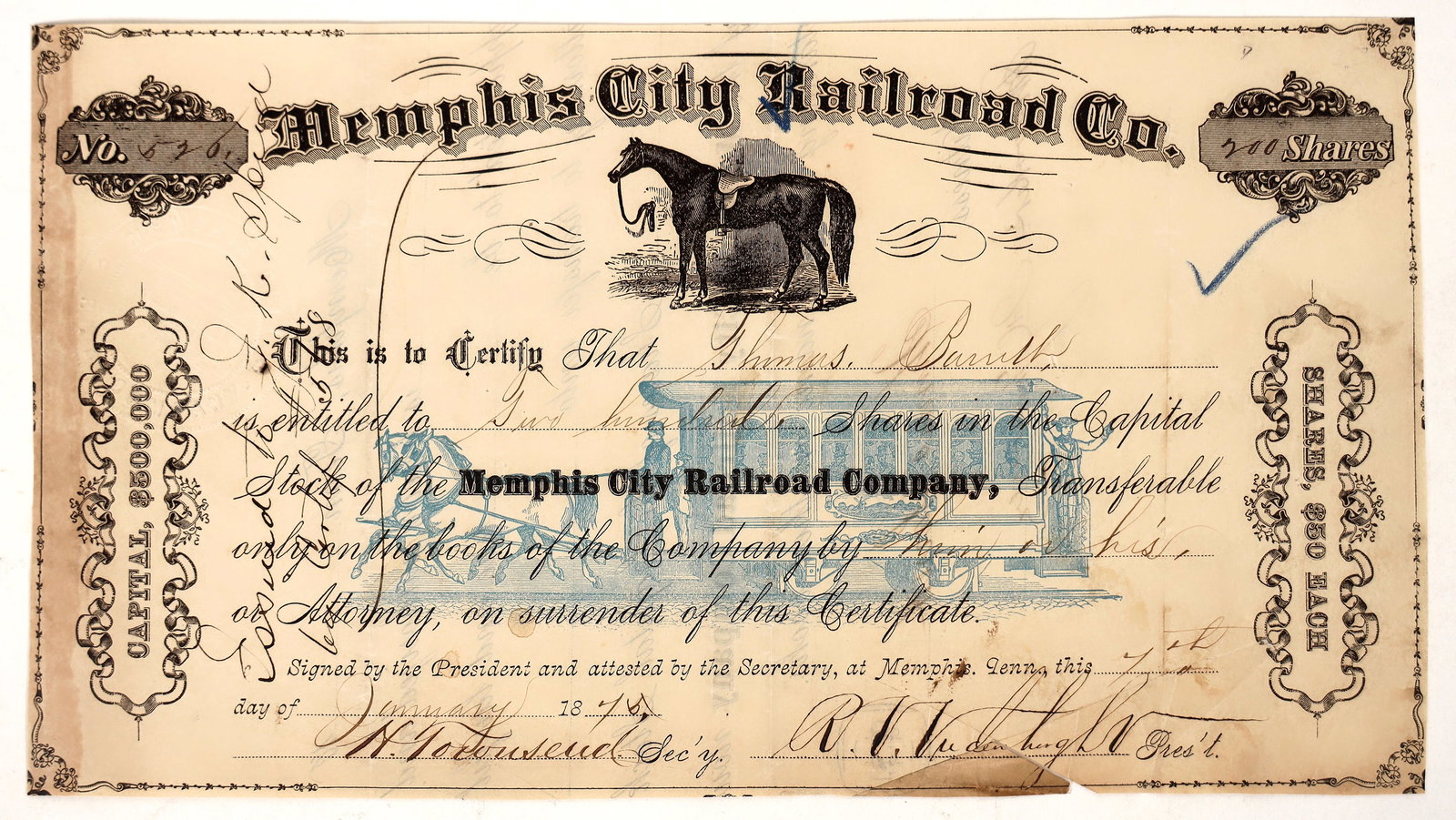 Memphis City RR Stock, 1876 [192624] (1 of 1)