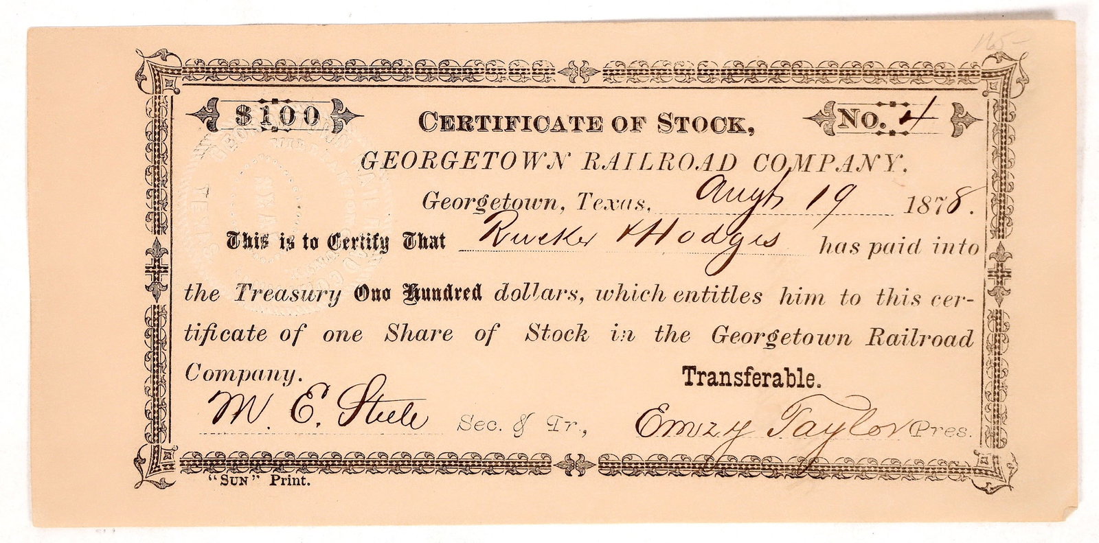 Georgetown Railroad Stock Certificate, 1878 [192150] (1 of 1)