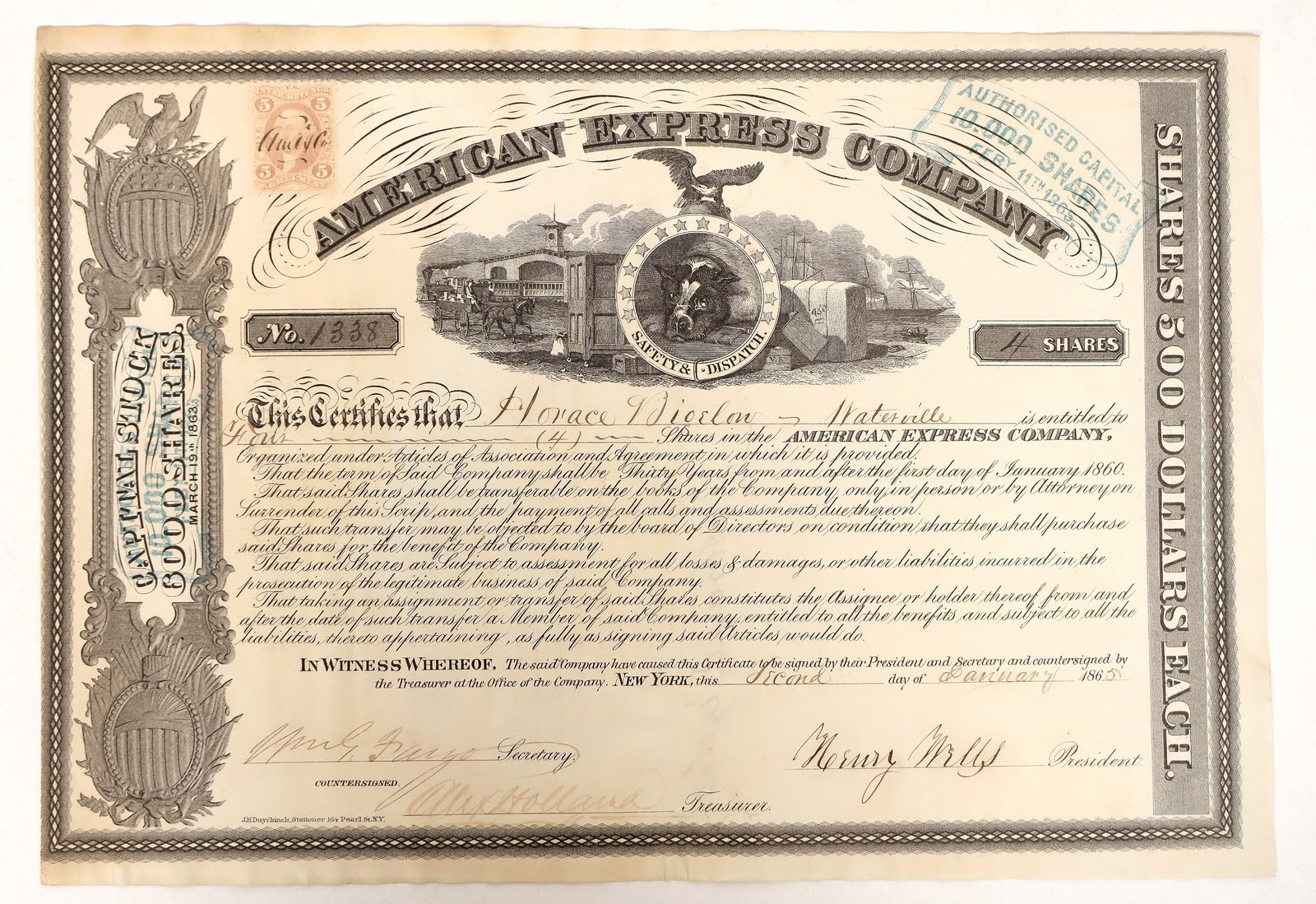American Express Wells & Fargo Signed Stock Certificate [192961]: This is an American Express stock certificate signed by William Fargo and Henry Wells. Wells and Fargo were known for their innovation and dedication to customers. They created a joint-stock company t