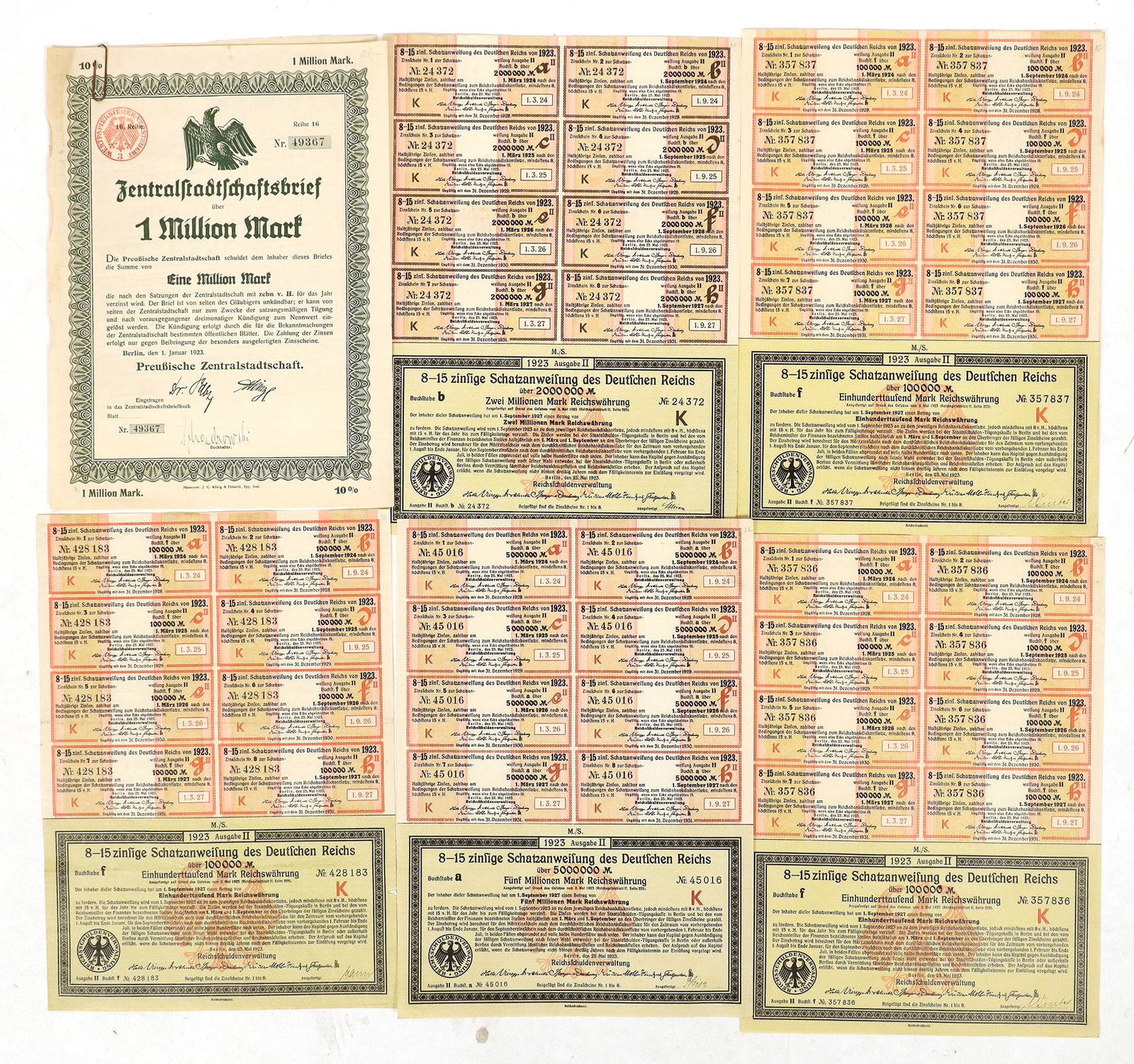 German Reich Treasury Bonds [188987]: Lot of 6. 100,000, 1 million, 2 million 5 million Marks , remainder are One Billion Marks notes, coupons attached. Issued 1923 and redeemable by different coupon rears and invalid after 1931. After WW
