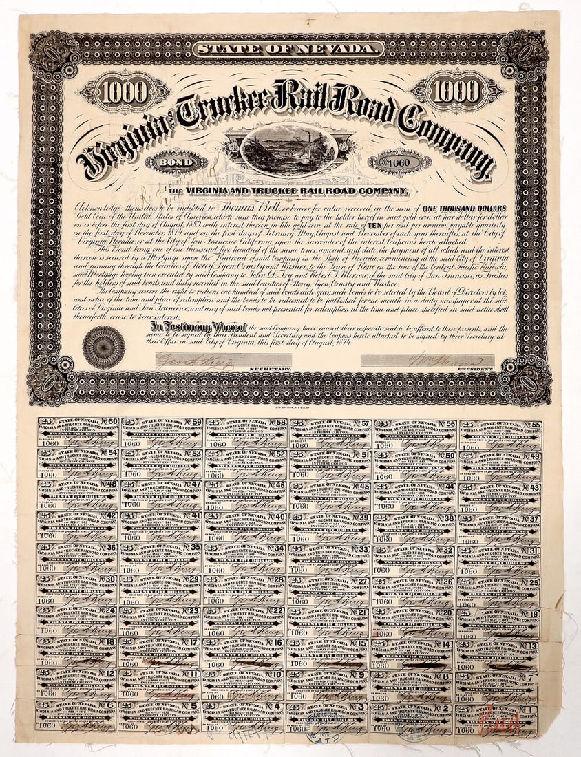 Virginia & Truckee RR Company Bond, 1874, Signed by William Sharon [193125] (1 of 1)