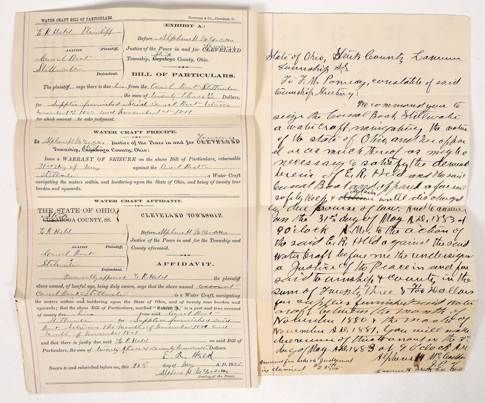 Seizure of Canal Boat Documents, 3, 1883 [191491]: 3 1883 documents related to seizure of canal boat E R Held.[]Date: Country (if not USA): State: OhioCity: Provenance: