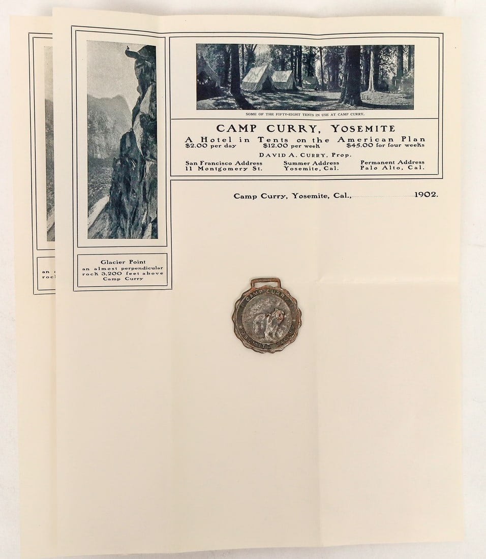 Yosemite Camp Curry Fob and Letterhead, Rare [192993]: Camp Curry 1902 folded and illustrated letterhead and white metal fob.[]Date: Country (if not USA): State: CaliforniaCity: YosemiteProvenance: