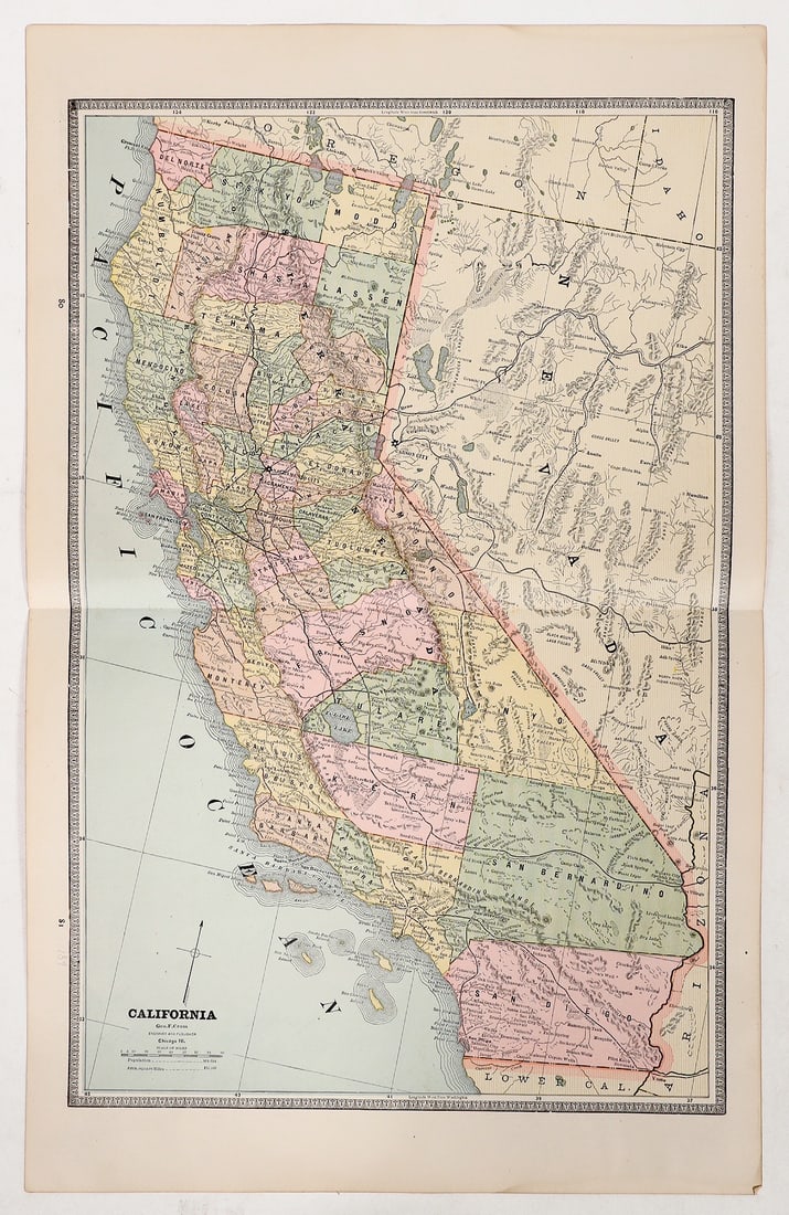 Maps of California and Nevada c. 1880's [191745]: There two maps were published by George F. Cram of Chicago, Ill. The scale is 36 miles to the inch. C. 1880's. There is a range of information on these maps from the 1860s to the 1880s. Largely, the i