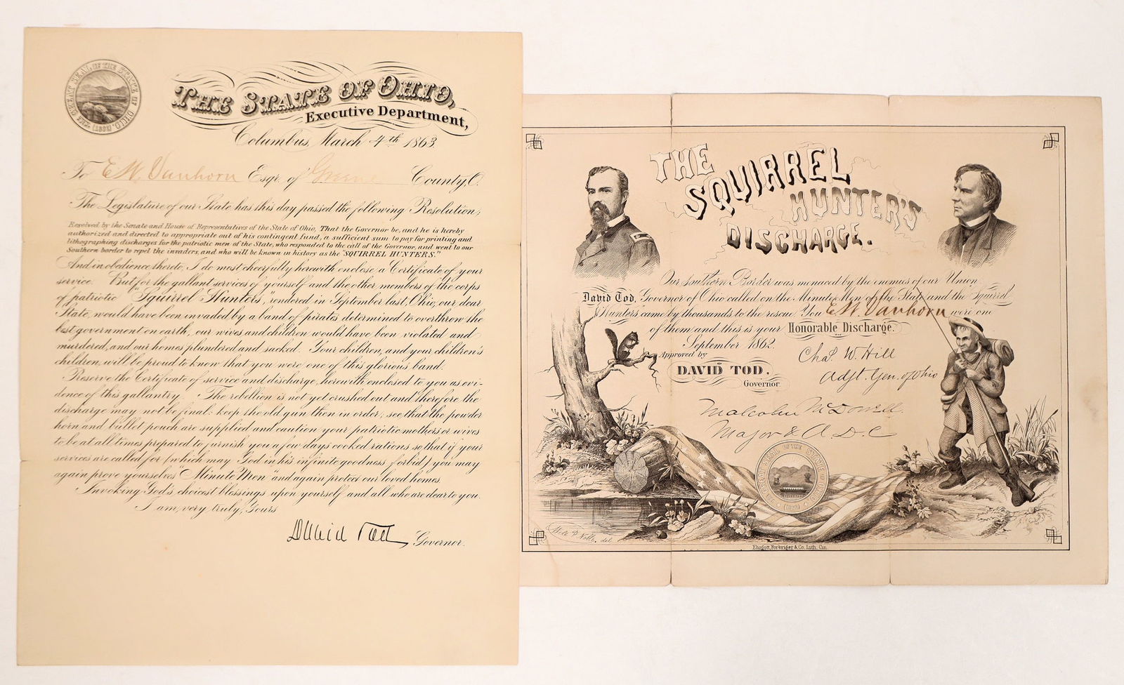Ohio "Squirrel Hunters" Discharge Cert. and Letter, 1862 [190558]: 1862 certificate for discharge of Ohio "Squirrel Hunters", who were Citizen Soldiers and the Defense of Ohio in the Civil War-small crease tears and lower left water stain. Also, 1863 certificate of s