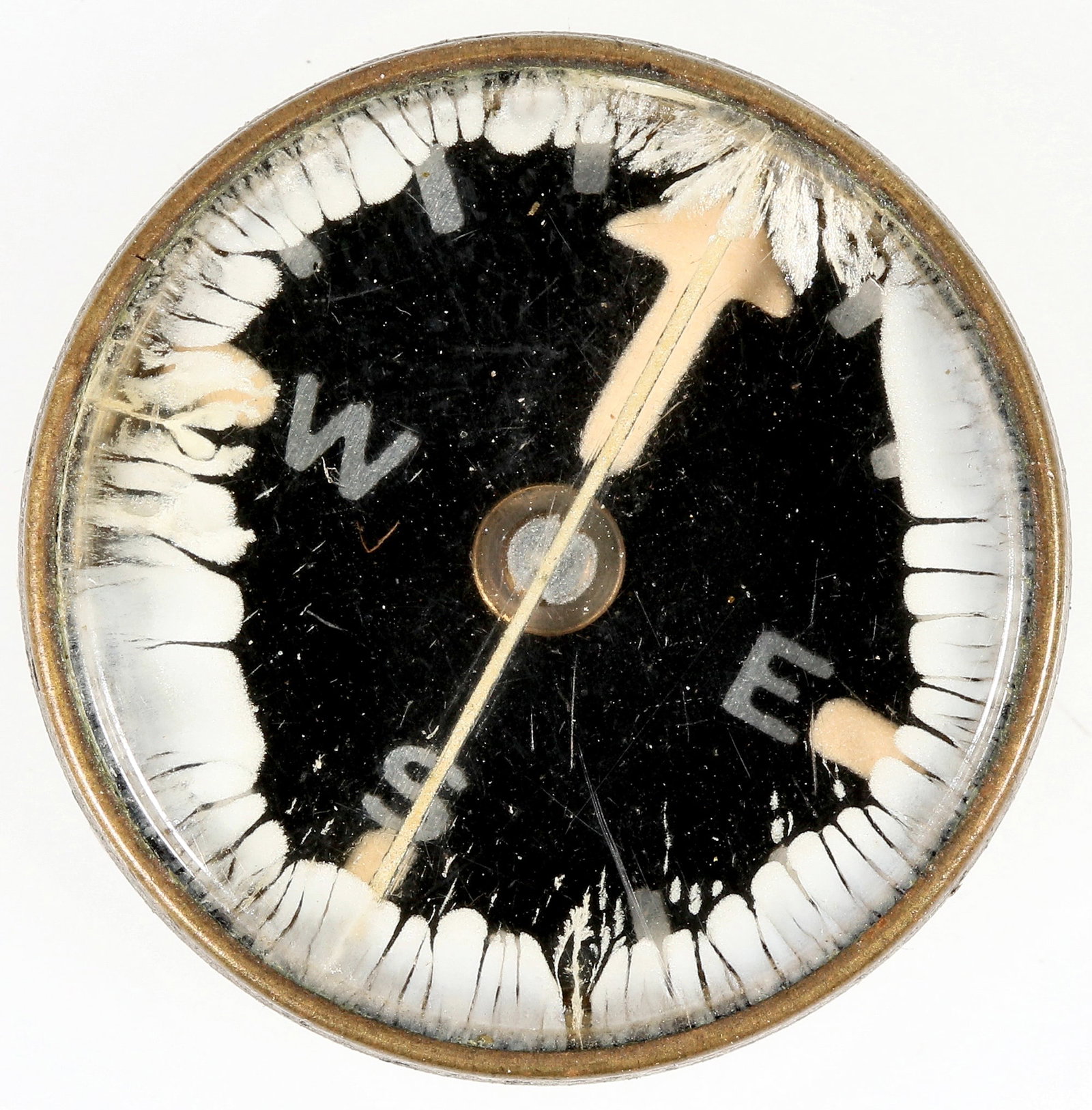 Civil War Officer's Compass with Case, c1861-65 [191424]: RARE Civil War officer's compass with case, c1861-65. Brass encased, glass face, still works, 11/16" diameter. Protected by 4" x 2-1/4" x 3/4" wooden case, leather covered with working hinges and clas
