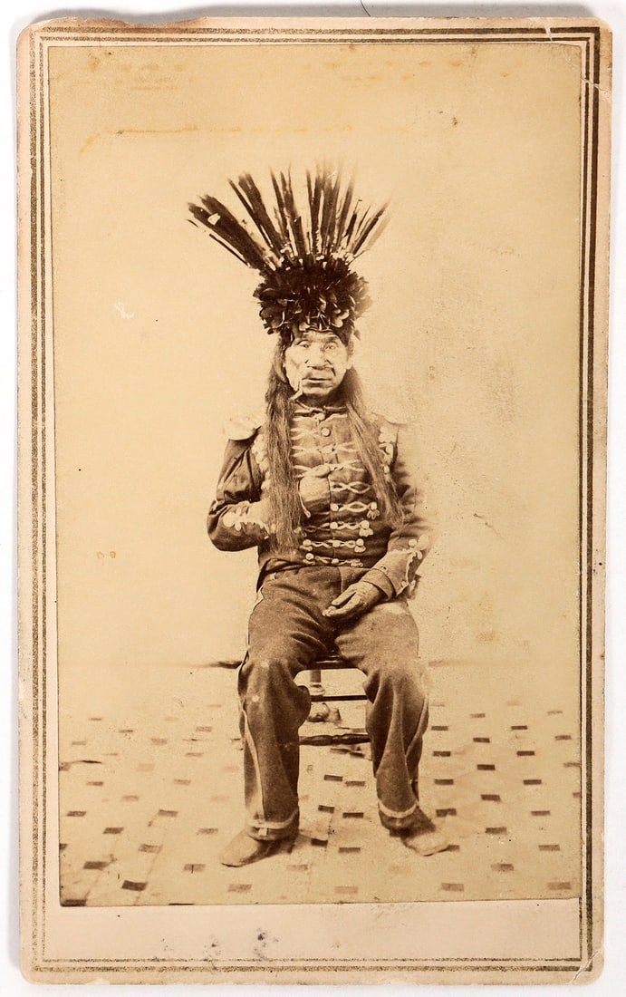 Washoe "Captain Jim" CDV [193242]: 3.5x2.25" photo by Sutterly of Virginia City, of Chief Washoe Jim or Captain Jim, as it appears he went under both names. He is seated and wearing a military jacket. He was Washoe Chief in the 1860's.