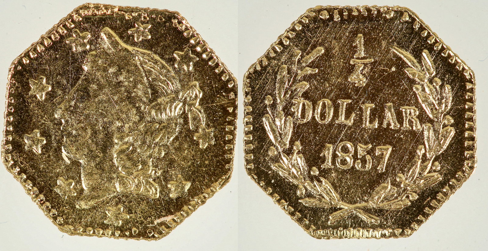 1857 California Fractional Gold 25c BG-1301: Kroll Hoard [193044]: Period Three fractional gold pieces made by Herman Kroll are technically restrikes, having been made late in the 19th century and early twentieth. BG-1301 is an 1857 dated $.25; octagonal, 9 mm; 0.3 g