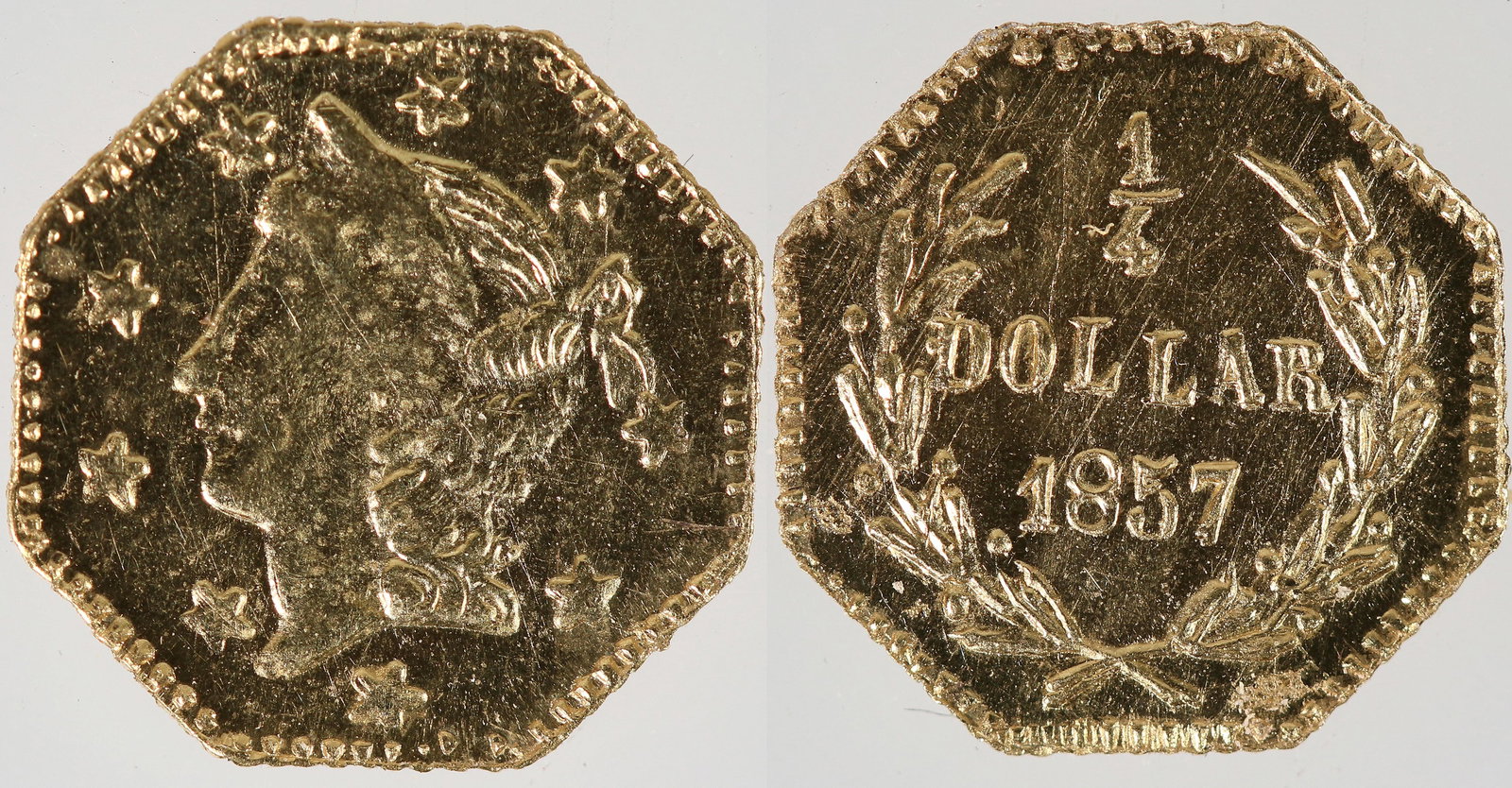1857 California Fractional Gold 25c BG-1301: Kroll Hoard [193045]: BU condition; BG-1301 octagonal, 25c, 9 mm, 0.3 grams. []Date: Country (if not USA): State: City: Provenance: