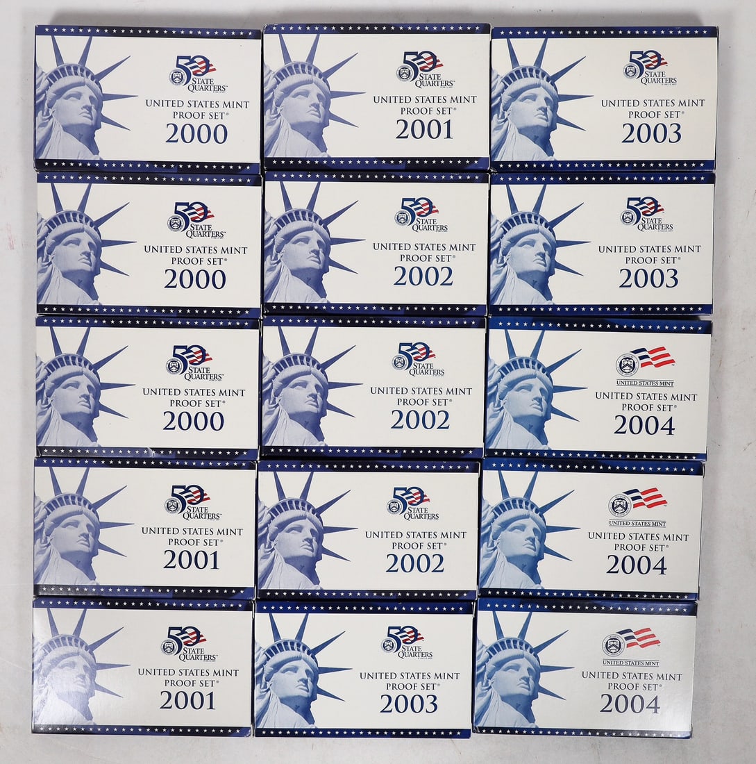 U.S. Proof Sets Early 2000s (15) [193297]: Lot of fifteen United States Mint proof sets: 2000 (3); 2001 (3); 2002 (3); 2003 (3); 2004 (3). []Date: Country (if not USA): State: City: Provenance: