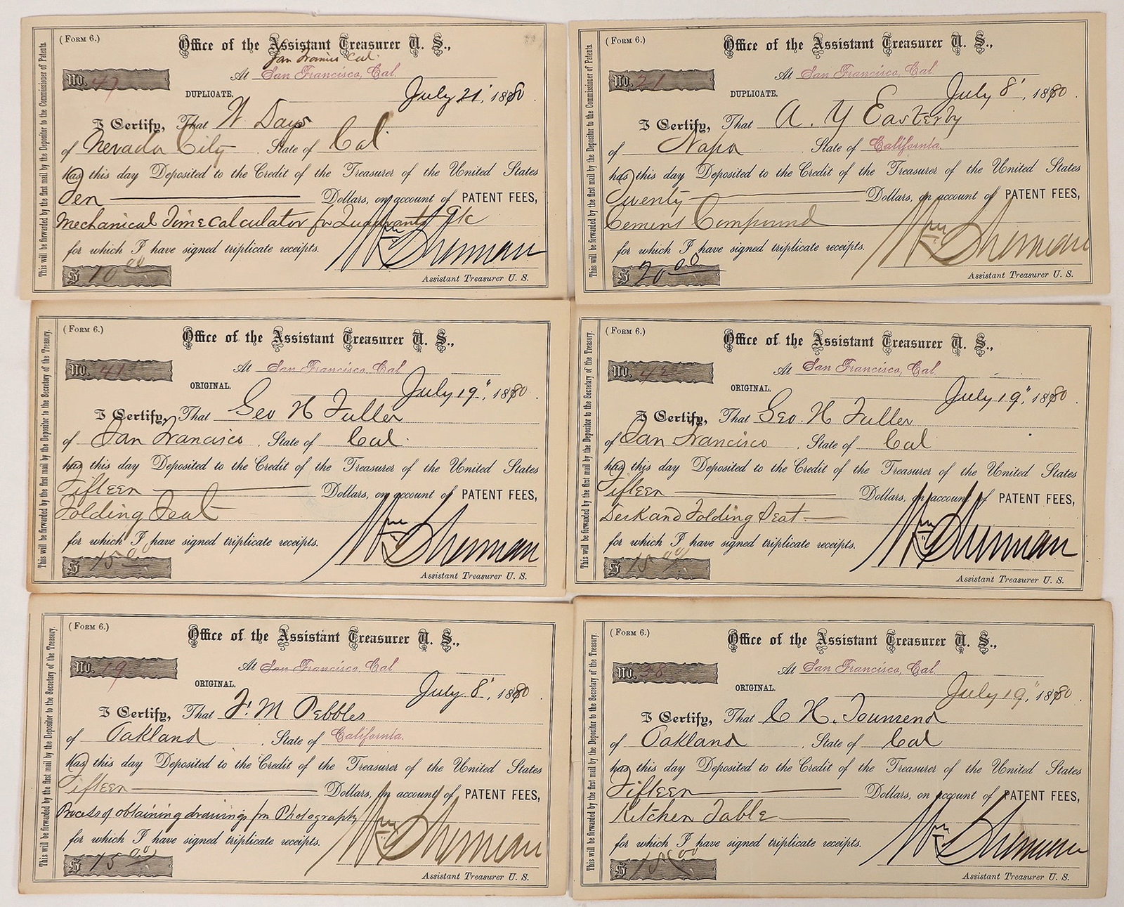 Patent Receipts From U.S. Treasury (6) [191464] (1 of 1)