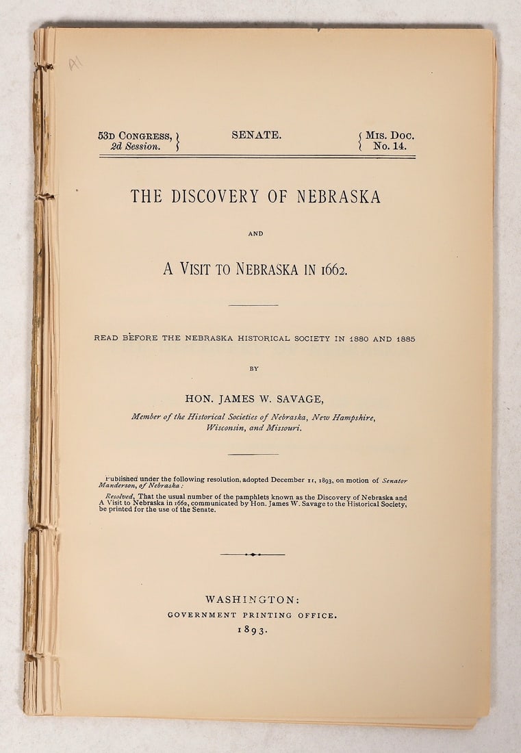 Pamphlet of  The Discovery of Nebraska visit in 1662 by Hon. James W. Savage  [191750] (1 of 2)