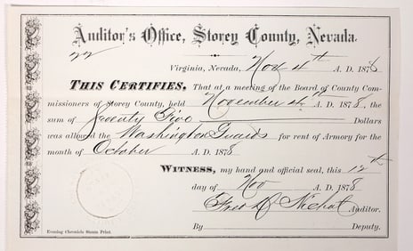 Washington Guard, Virginia City, Nevada Document for Rent of Armory [192819]