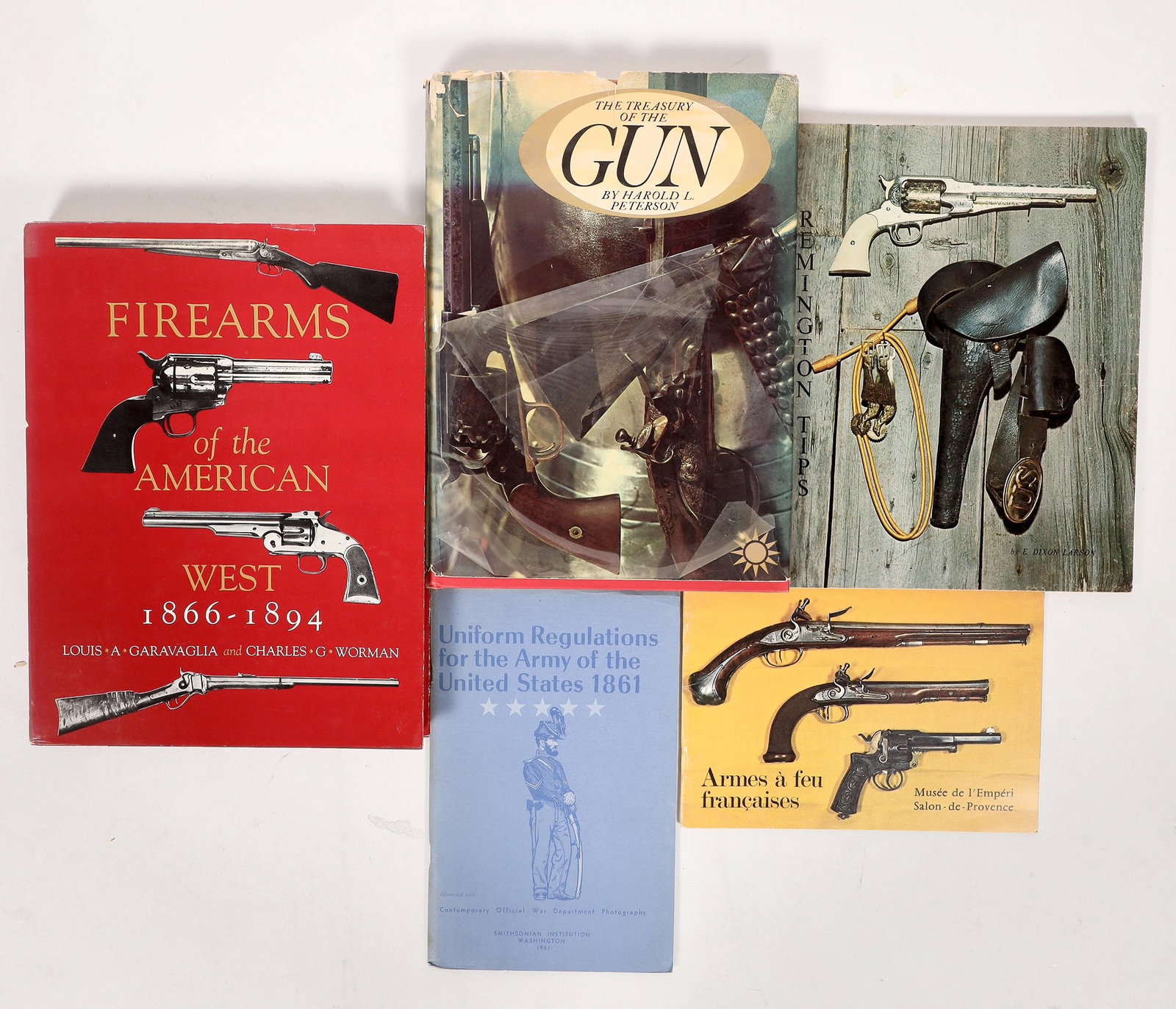 American West Guns Books, c1961-75 (4) [192855]: A collection of 4 books about guns of the American West, including: "The Treasury of the Gun," Harold L. Peterson, Golden Press & Ridge Press, 1962, hardback, dust jacket, 249 pp., dust jacket wear, c