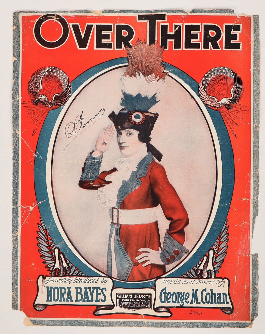 Sheet Music For "Over There" written By George Cohan 1917 [191718]: This sheet music is of "Over There" written and published in 1917 by William Moore. The sheet music covers two pages and is in poor/fair condition with tears. Still readable and intact. An autograph o