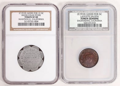 Lafayette Saloon/Brass Cigar Store Tokens (2) [191884]