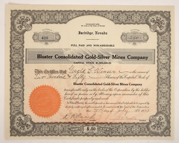Bluster Consolidated Mine Stock Cert [192503]