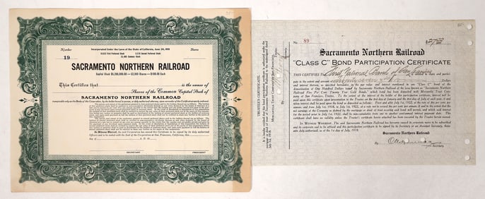 Sacramento Northern Railroad Stock and Bond Cert, c. 1918 [192068]