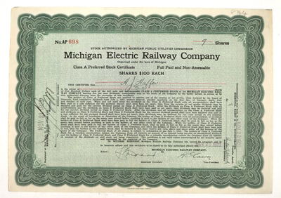 Michigan Electric Railway Stock Certificate [192499]