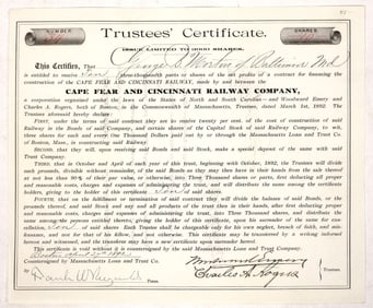 Cape Fear and Cincinnati Railway Trustees' Certificate, 1892, Rare [192069]