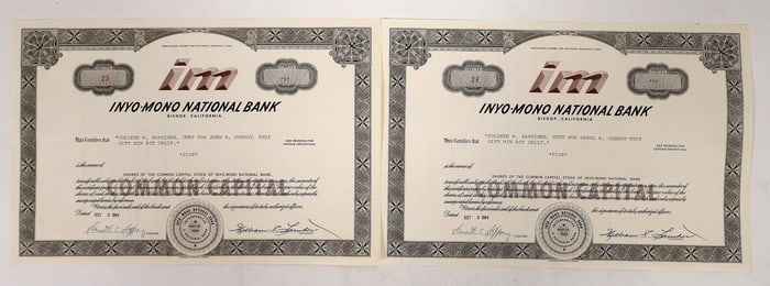 Inyo-Mono National Bank  Stock Certs (2) [193337]