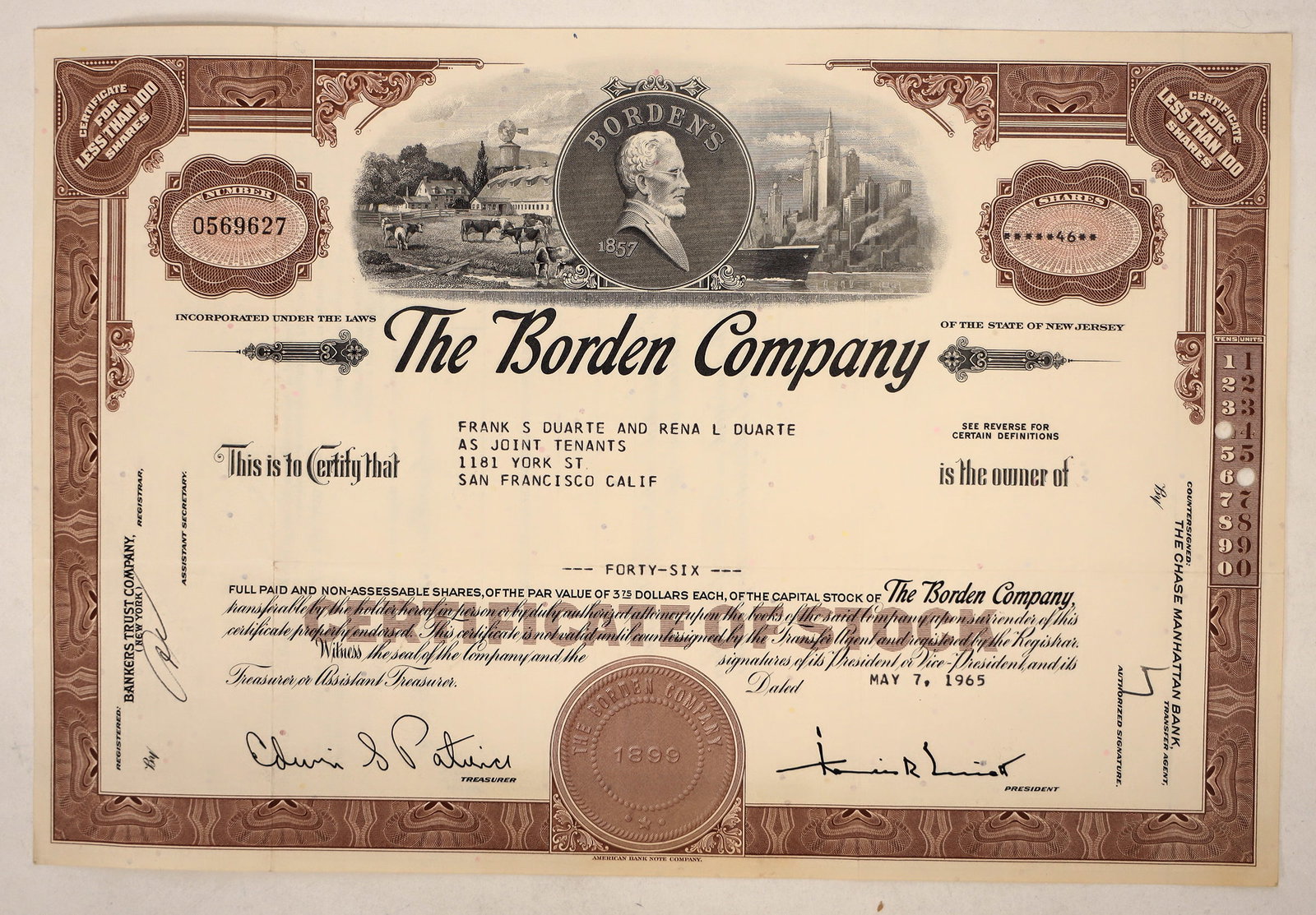 Borden Company Stock Certificate [192506]: This is an uncancelled stock certificate issued by The Borden Company to Frank & Rena Duarte for 46 shares at $3.75 per. This is dated May 7, 1965. This is a clean near new certificate. Please see pho