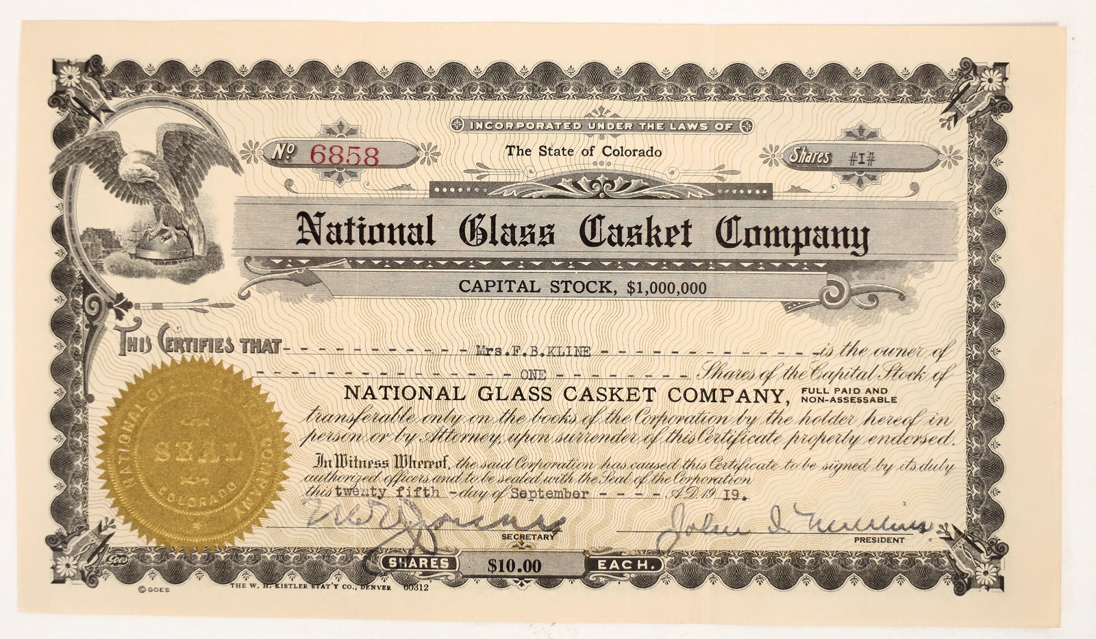 National Glass Casket Co. Stock Cert [192501] (1 of 1)