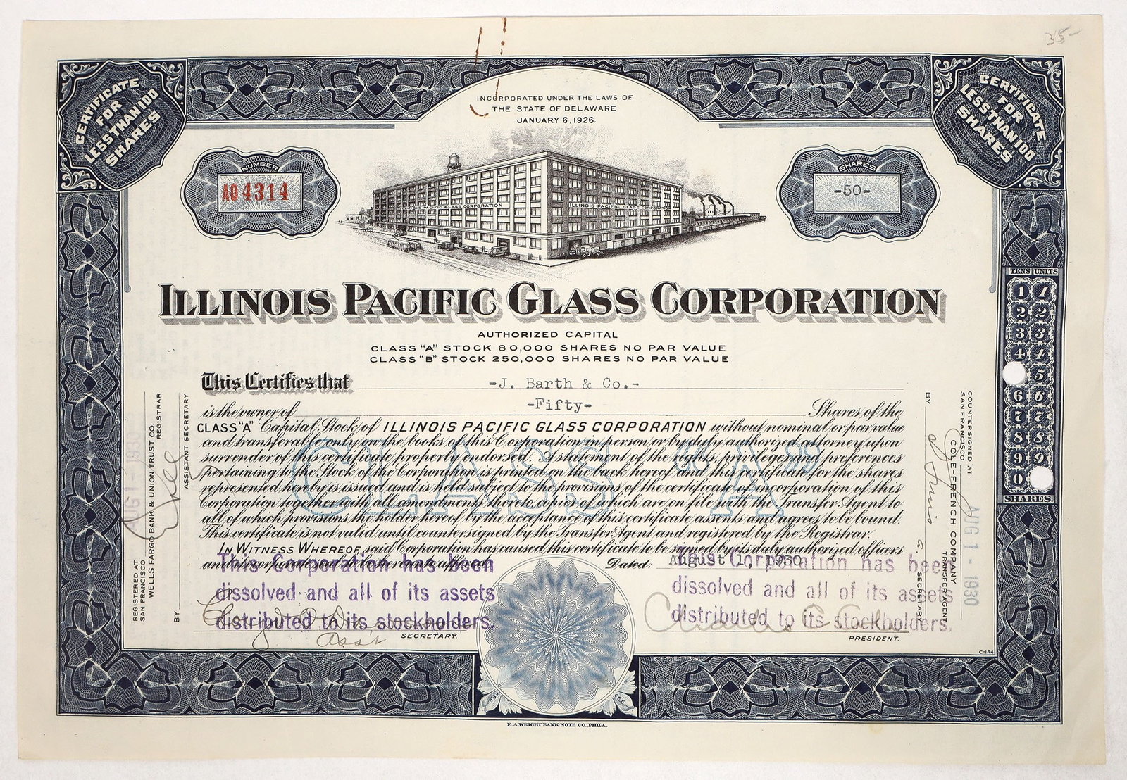 Illinois Pacific Glass Corp. Stock, 1930 [192167] (1 of 1)