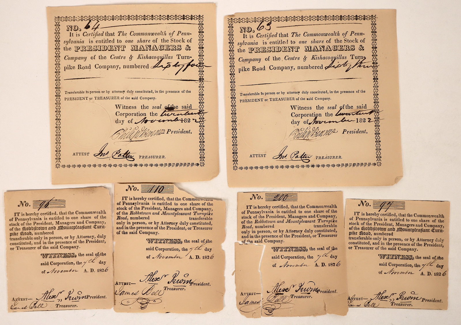 Early Pennsylvania Turnpike Stock Certs (6) [192509]: These are very early stock certificates issued for turnpike construction between Robbstown and Mount Pleasant, Pennsylvania. They are dated and 1822 and 1826. They are in good condition for their age.
