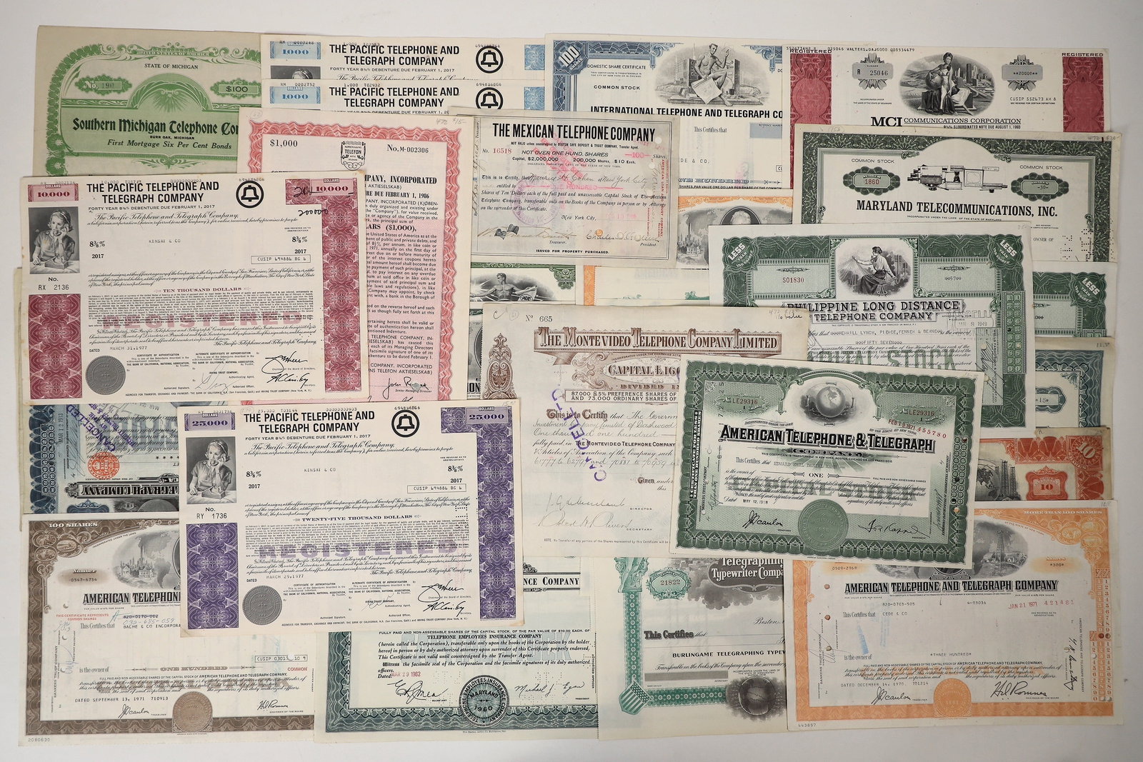 Telephone & Telegraph Stock Certs (35) [192486]: Telephone and telegraph stock certificates include, The Mexican Telephone Company (1905), American Telephone and Telegraph (1971), The Pacific Telephone and Telegraph Company (1977), International Tel