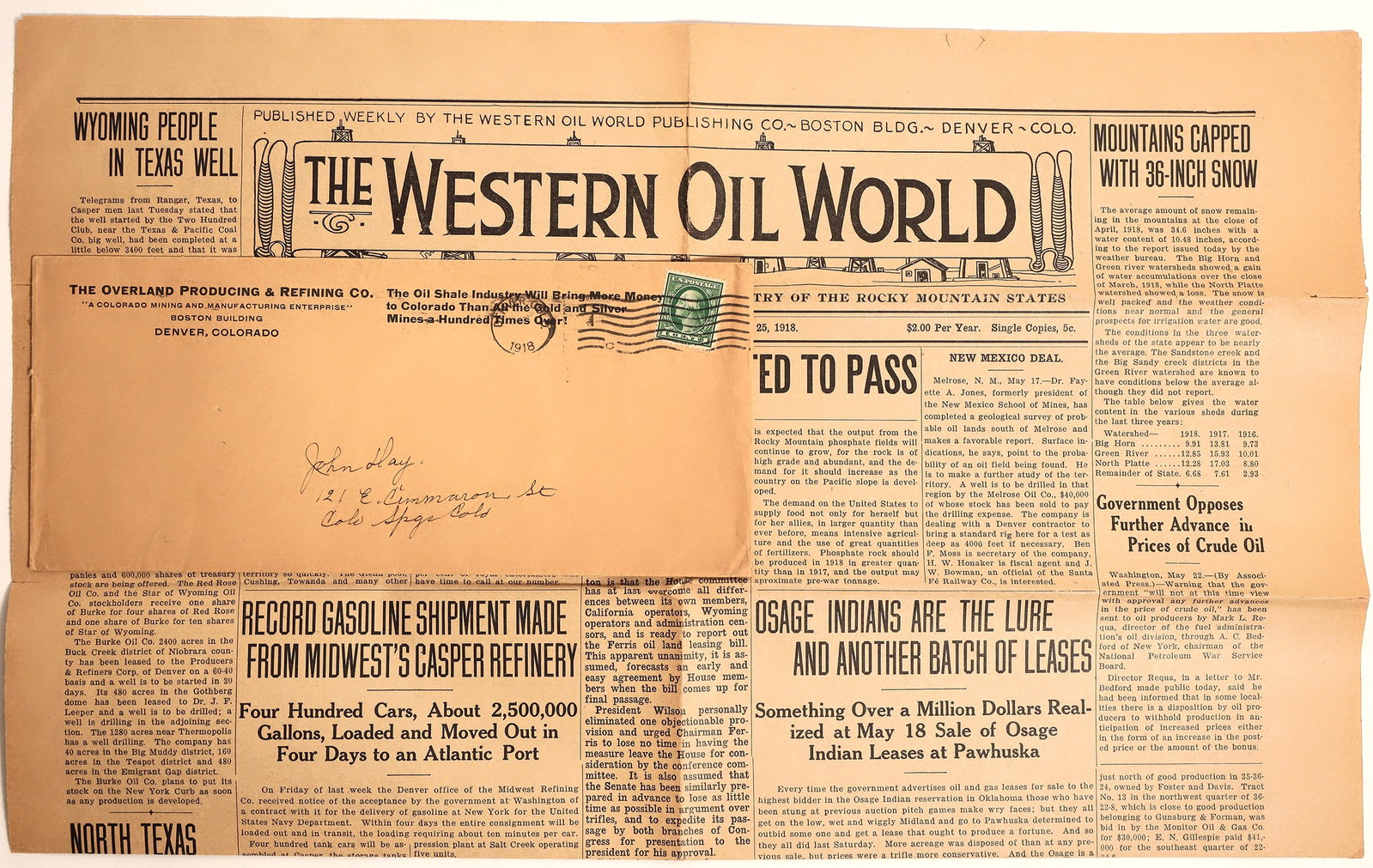 Denver Oil Related Ephemera (3) [183782]: Letter and cover from The Overland Producing & Refining Company of Denver, Colorado and a copy of The Western Oil World newspaper, dated May 25, 1918. All in decent condition. Please see photos for mo