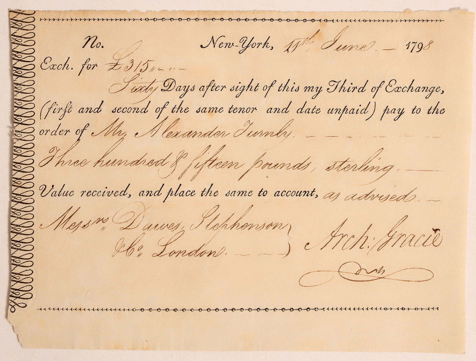 Archibald Gracie Businessman Shipping Magnate, Signed Document 1798 [185070] (1 of 1)