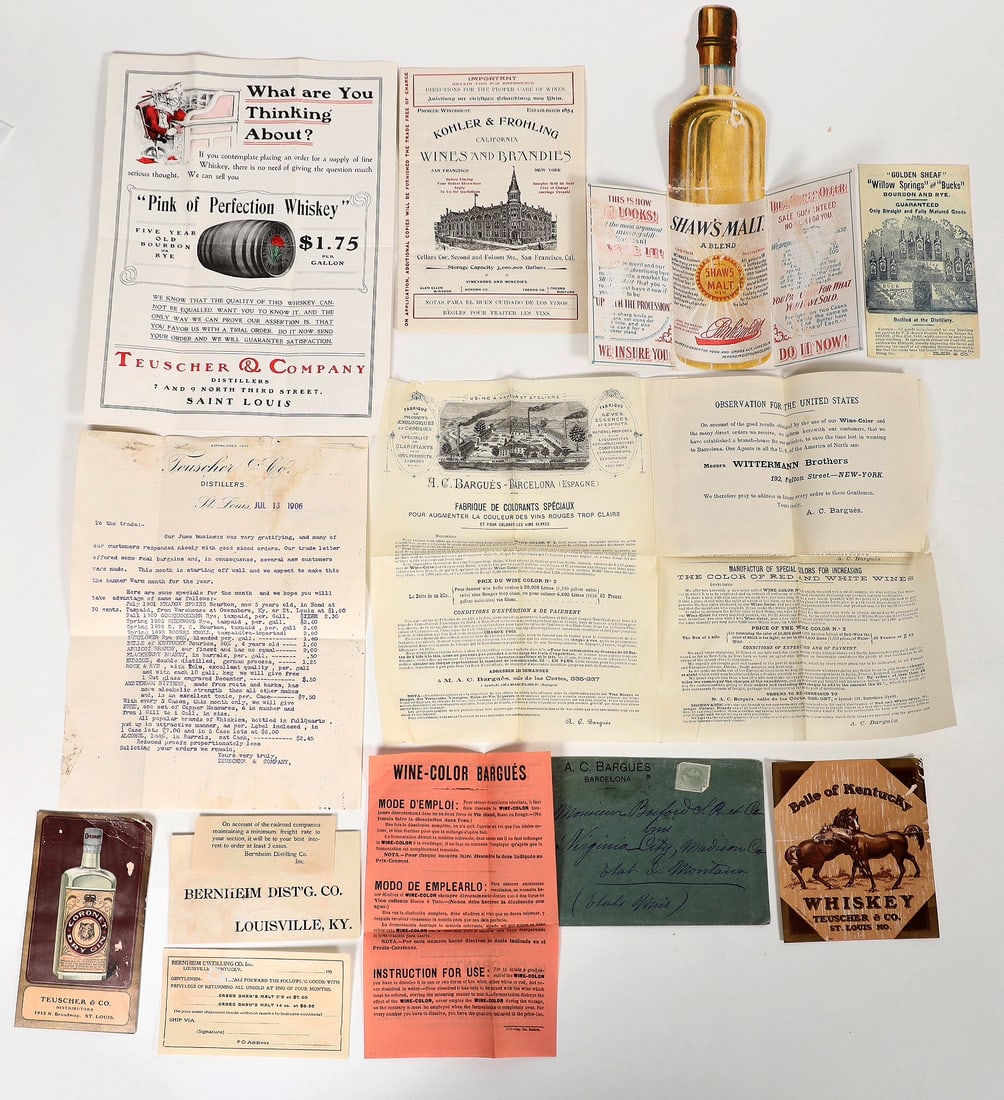 Whiskey and Wine Vintage Advertising Group [194076]: Foldout Shaw's Malt, A C Bargues cover and instruction sheet for Wine-Color( an early version of today's wine concentrate?), Bernheim Distilling, Willow springs, Teuscher, Coronet Gin, Kohler & Frohle