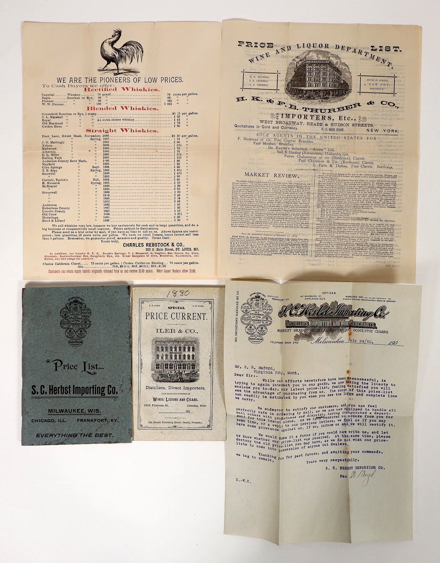 Whiskey and Wine Price Lists, 4 [194075]: 4 mostly choice price lists/booklet. 1880's Iler & Co., undated Thurber, undated Charles Rebstock with verso tape repairs, c. 1902 S C Herbst with insect damage and 1902 letterhead with rust stain and