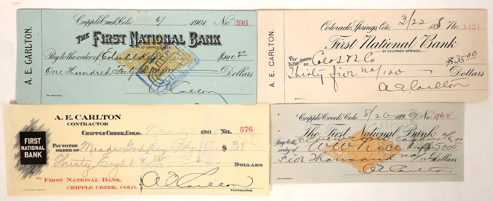 A E Carlton Cripple Creek Checks, 4, Mining Millionaire [192036]: 4x 1898-1908 A E Carlton Cripple Creek and Colorado Springs checks. Carlton was a prominent mining figure and millionaire. He was an investor in Colorado banks, mines and railroads. Based upon the suc