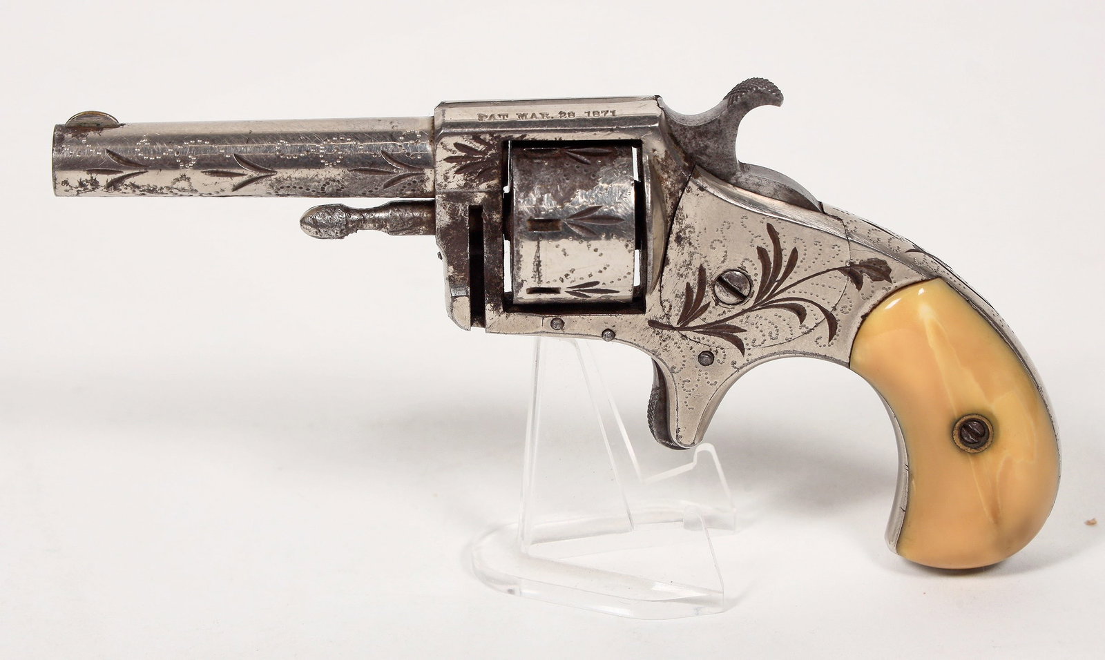 Blue Jacket .22 cal. Factory Engraved Pocket Pistol c.1870's [194210]: This is a .22 cal. short cartridge black powder pocket pistol marked as a "Blue Jacket" by Hopkins and Allen with an 1871 patent date. This one is beautifully engraved from the factory on a nickel fin